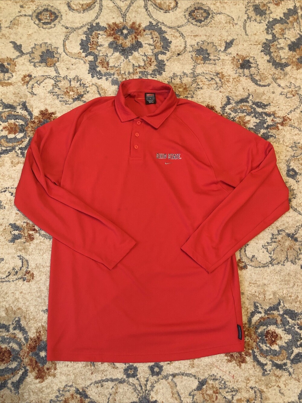 Nike Shirt Mens L Red Gray Long Sleeve Golf Polo Dri-Fit Ohio State Buckeyes